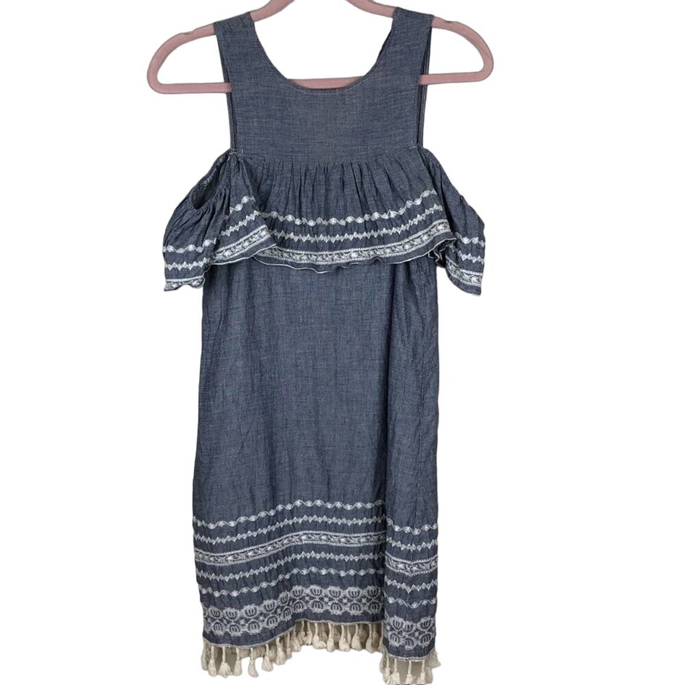 MIAMI Blue + White Boho Off Shoulder Dress XS